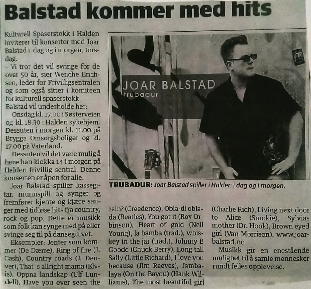 Trubadur Joar Balstad's musikalske standup-show omtalt i Halden Arbeiderblad: En unik blanding av humor og musikk.